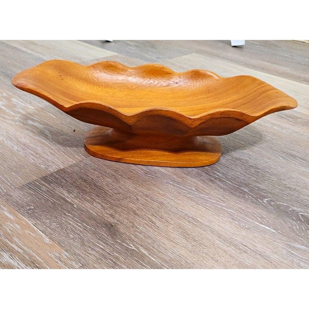 Wooden Pedestal Bowl Brown Wavy Scalloped Rim Decorative Centerpiece 12"